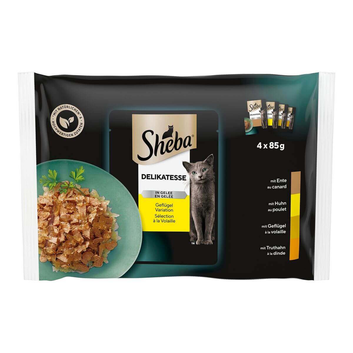Délicubrerie de nourriture humide Sheba Chat. dans de la confiture de volaille dans un sac