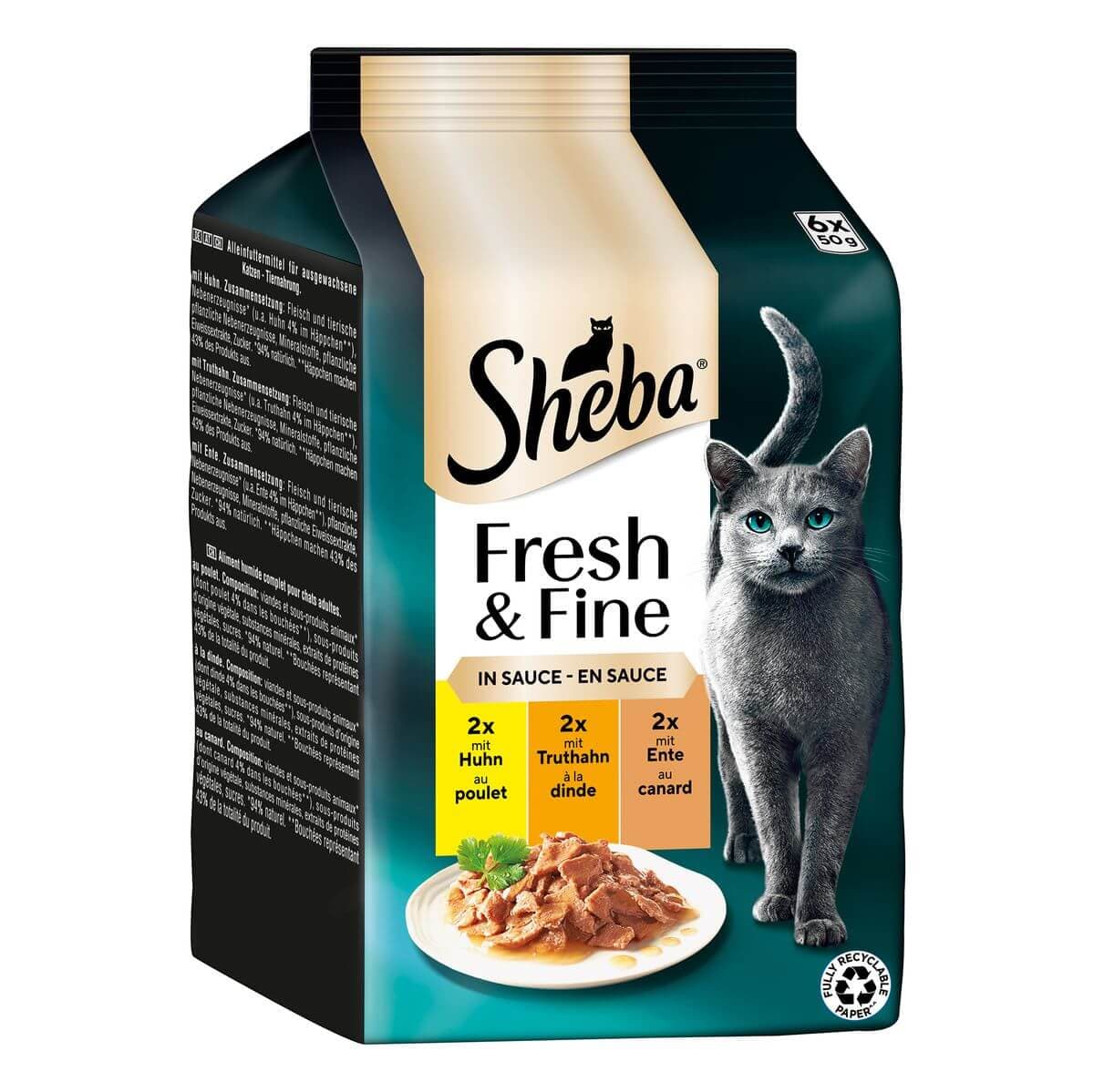 Sheba Cat Wet, nourriture humide Poulet frais et fin, canard et trut.